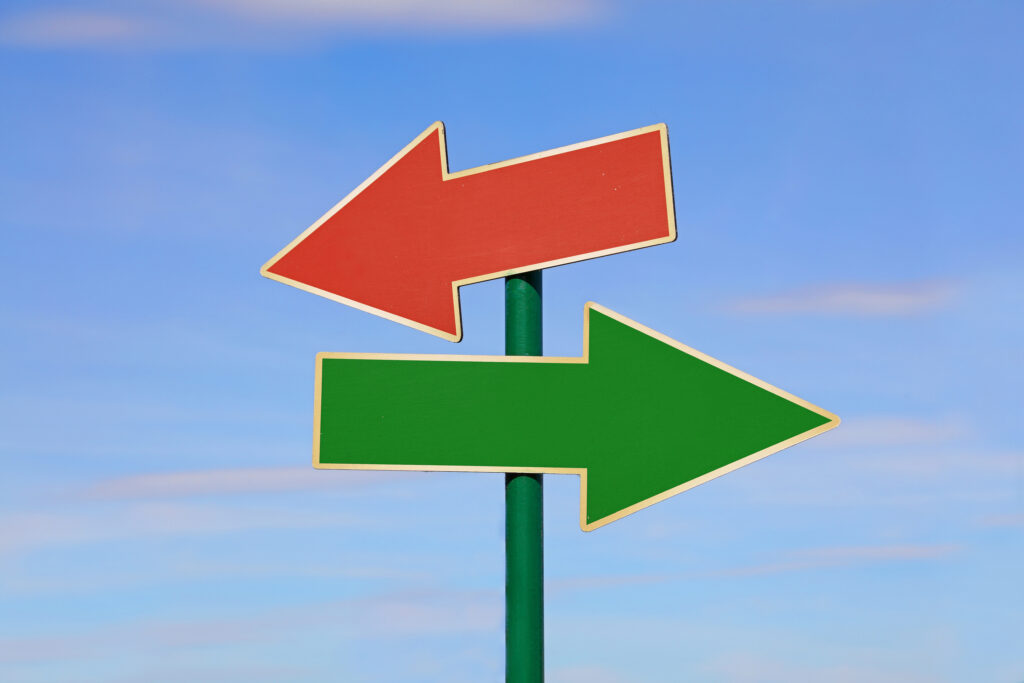 Road signpost, symbolic for different types of panic, with two blank copy space arrows